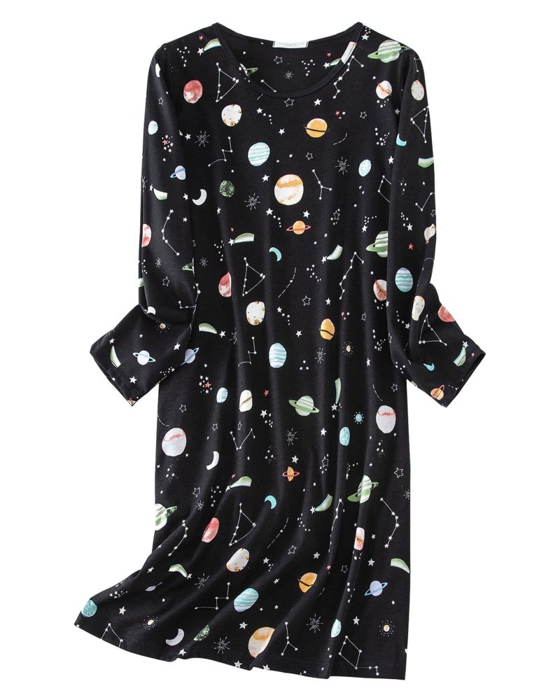 American Trends Womens Long Sleeve Nightgowns Cotton Nightgowns Sleep Shirt for Women Soft House Dresses Night Gown for Ladies Black Planet L