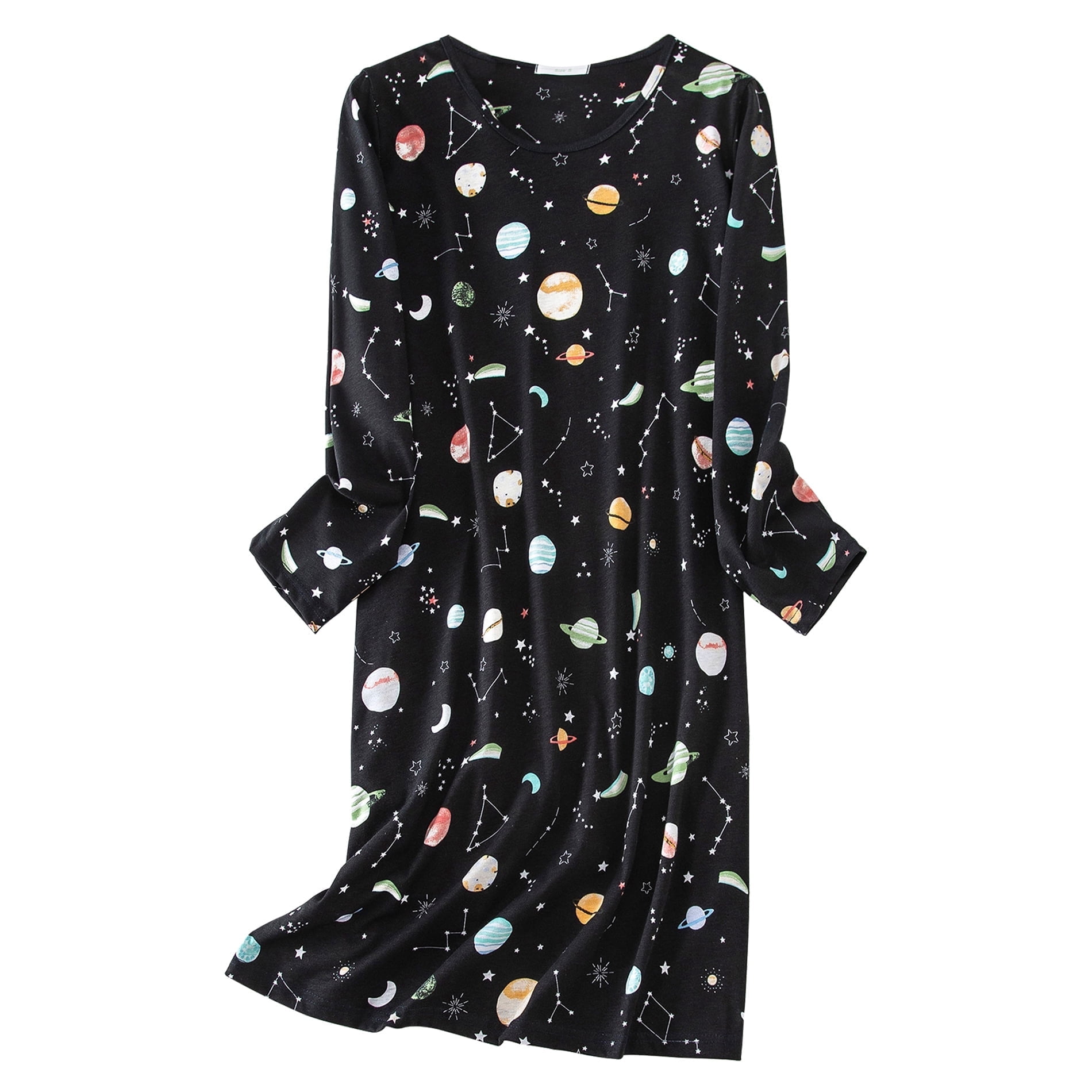 American Trends Womens Long Sleeve Nightgowns Cotton Nightgowns Sleep Shirt for Women Soft House Dresses Night Gown for Ladies Black Planet XL