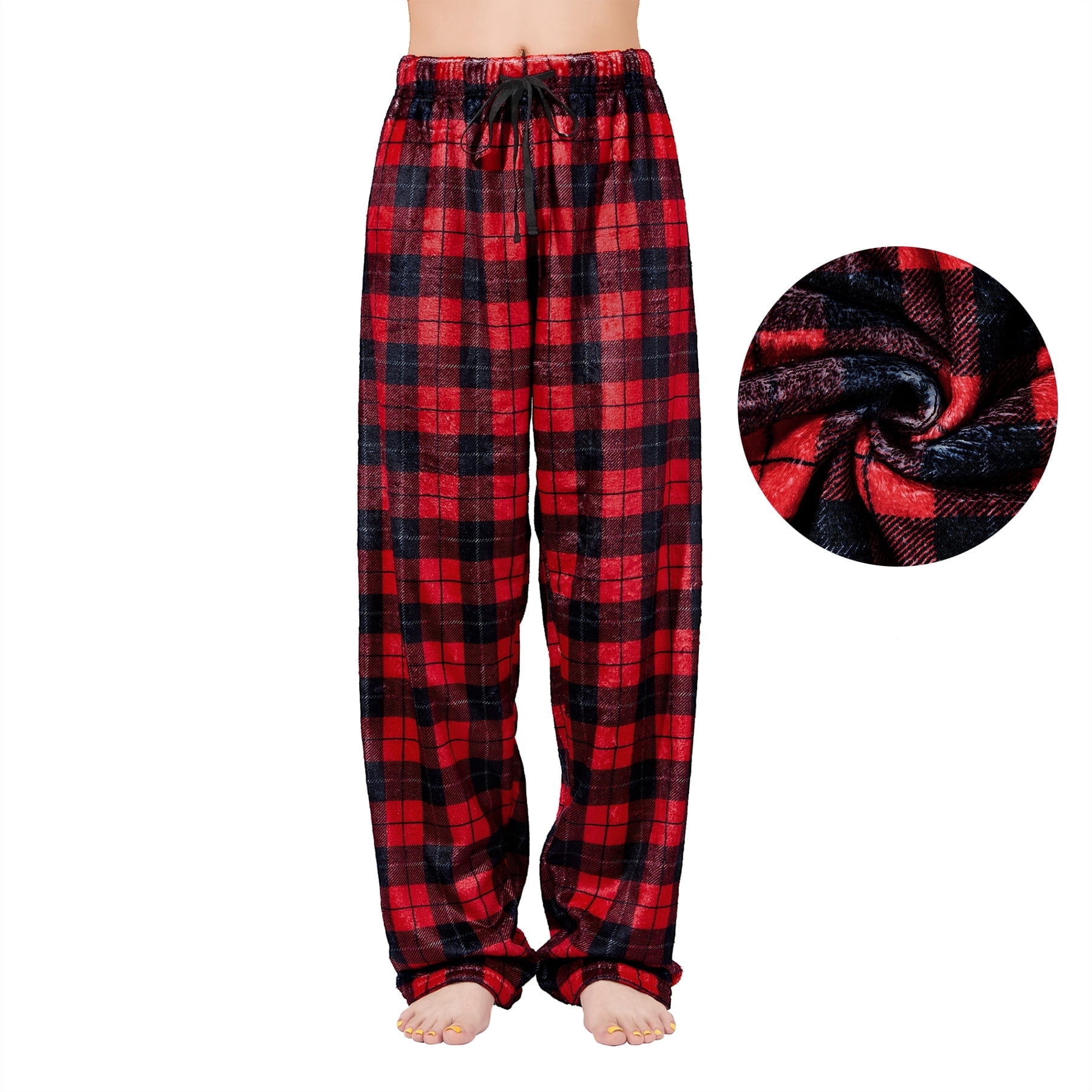 American Trends Plus Size Womens Pajama Pants Fuzzy Fleece Pj Bottoms for Women Winter Cozy Women's Sleepwear Red Black Grid 3XL