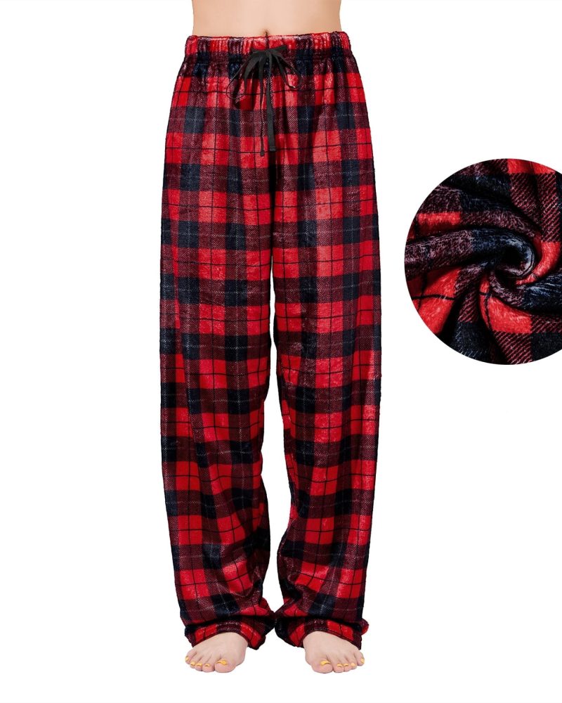 American Trends Womens Fleece Pajama Pants Soft Plush Pajama Bottoms Fluffy Warm Lounge Pants for Women Red Black Grid M