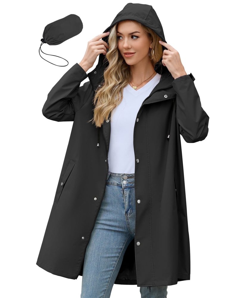 American Trends Womens Rain Jacket Long Waterproof Rain Jacket Women Lightweight Womens Raincoat Packable Trench Coats Black S