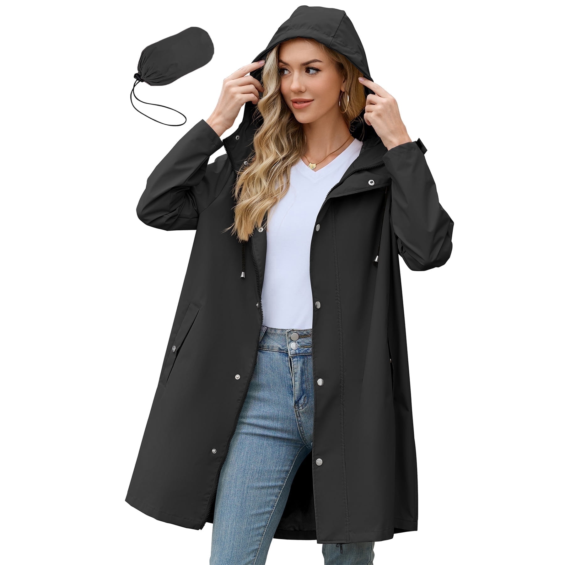 American Trends Womens Rain Jacket Long Waterproof Rain Jacket Women Lightweight Womens Raincoat Packable Trench Coats Black XL