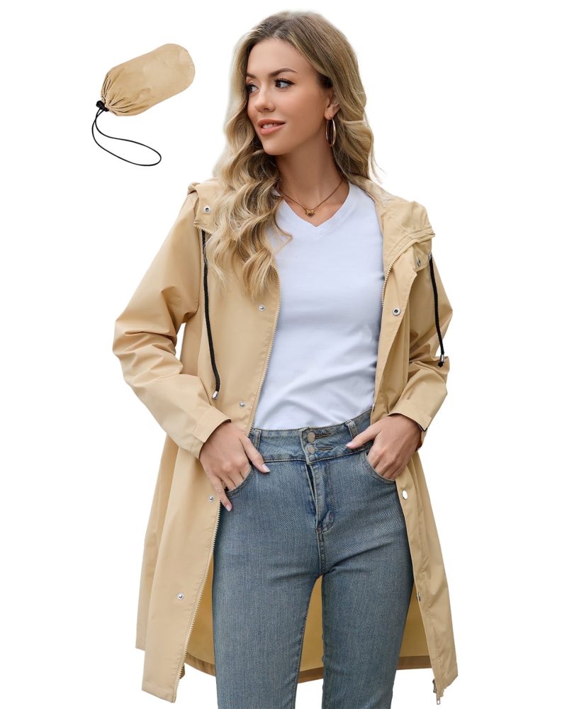 American Trends Womens Rain Jacket Long Waterproof Rain Jacket Women Lightweight Womens Raincoat Packable Trench Coats Light Khaki S
