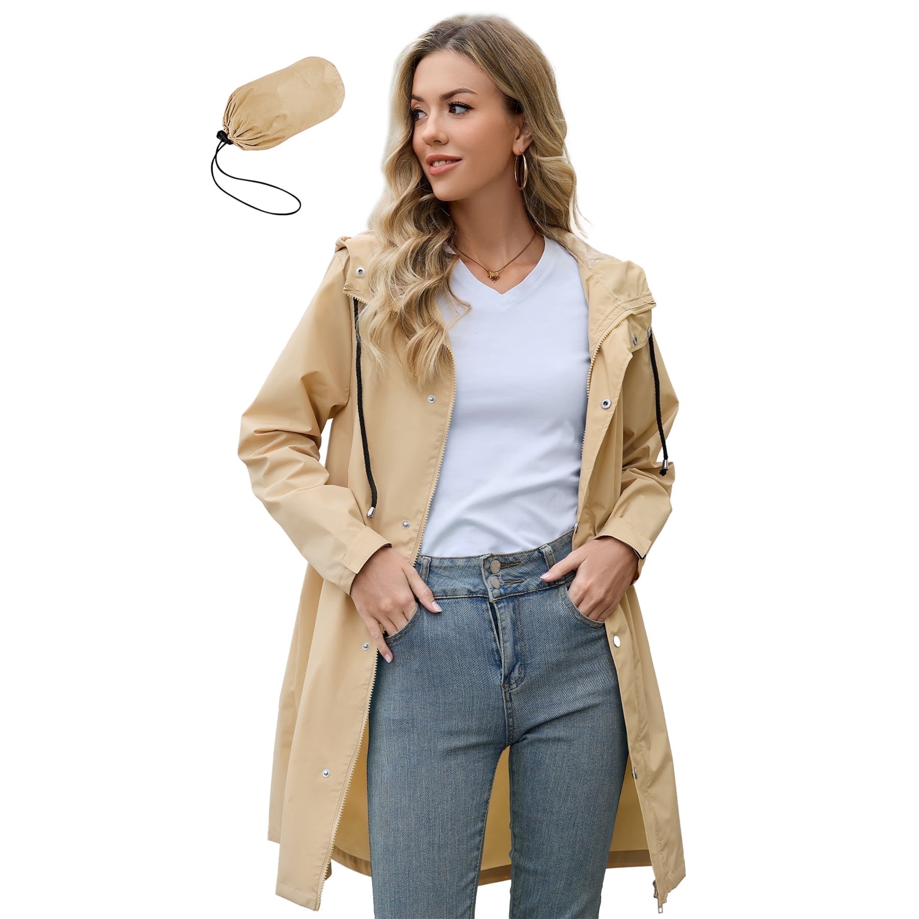 American Trends Womens Rain Jacket Long Waterproof Rain Jacket Women Lightweight Womens Raincoat Packable Trench Coats Light Khaki S