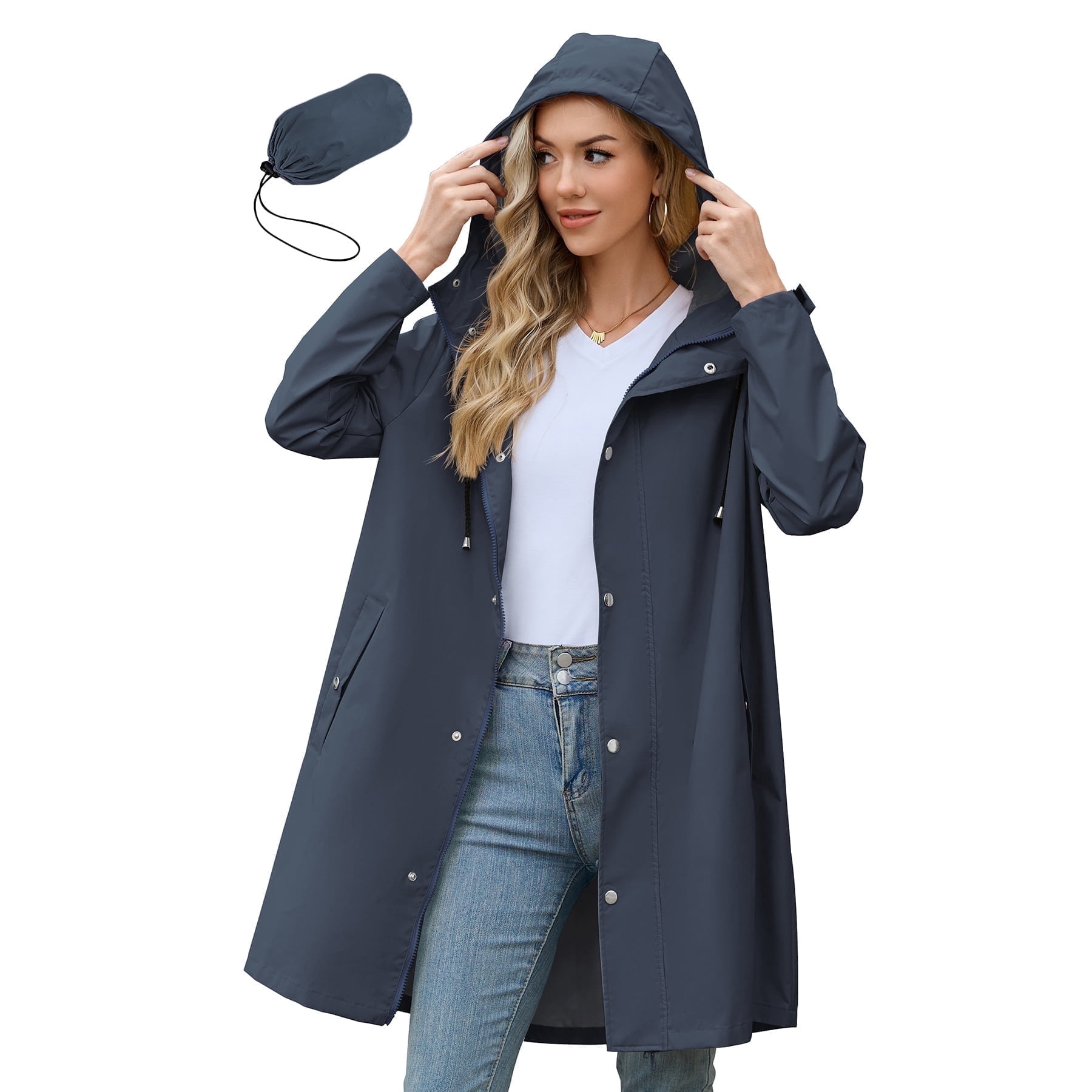 American Trends Womens Rain Jacket Long Waterproof Rain Jacket Women Lightweight Womens Raincoat Packable Trench Coats Navy L