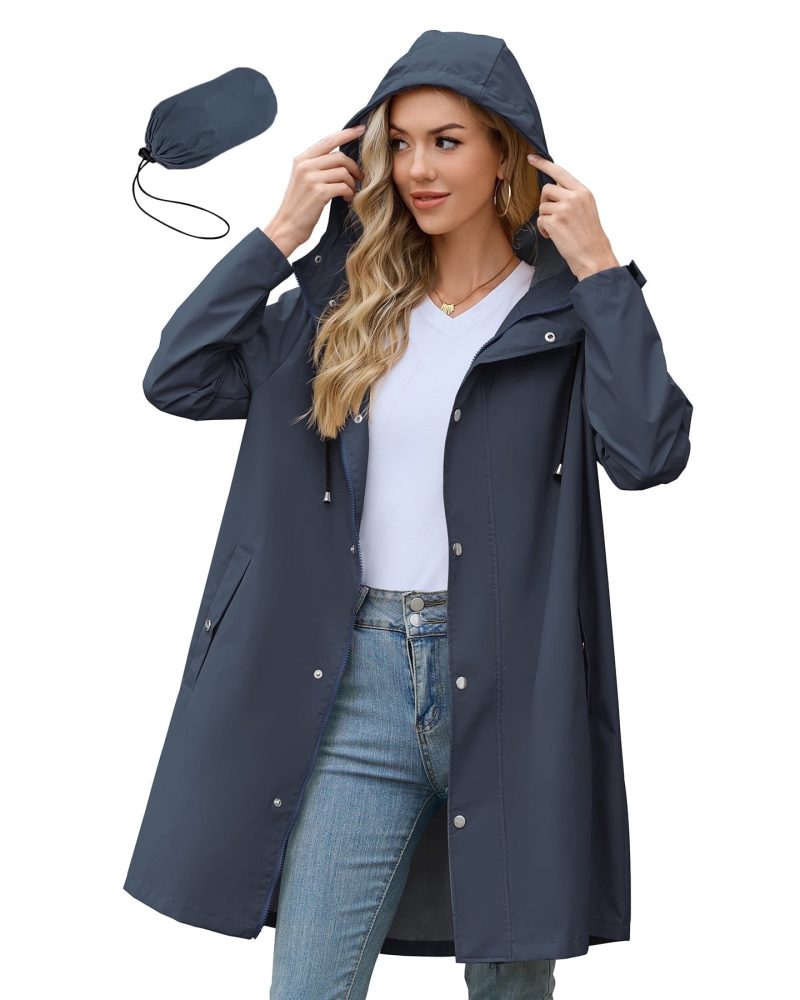American Trends Womens Rain Jacket Long Waterproof Rain Jacket Women Lightweight Womens Raincoat Packable Trench Coats Navy XL