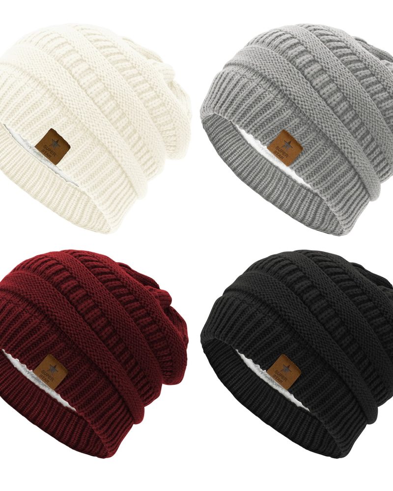 American Trends Womens Knit Beanie Winter Thick Solid Fleece Lined Beanie Hats for Women Men Unisex Warm Skiing Beanies Black & Burgundy & Light Grey & Ivory