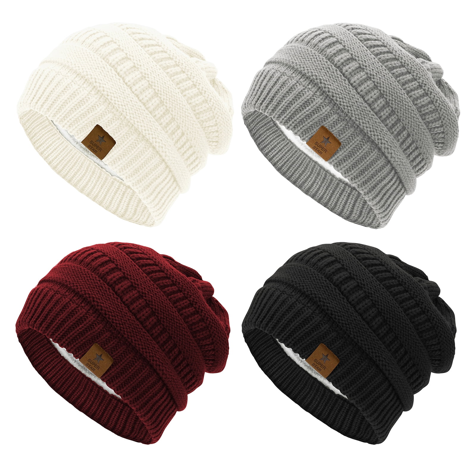 American Trends Womens Knit Beanie Winter Thick Solid Fleece Lined Beanie Hats for Women Men Unisex Warm Skiing Beanies Black & Burgundy & Light Grey & Ivory