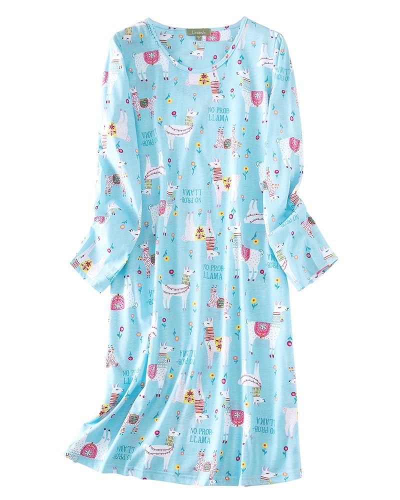 American Trends Long Sleeves Nightgowns for Women Soft Cotton Night Shirts for Ladies Sleepwear Womens Plus Size Pajama Dress Blue Alpaca L