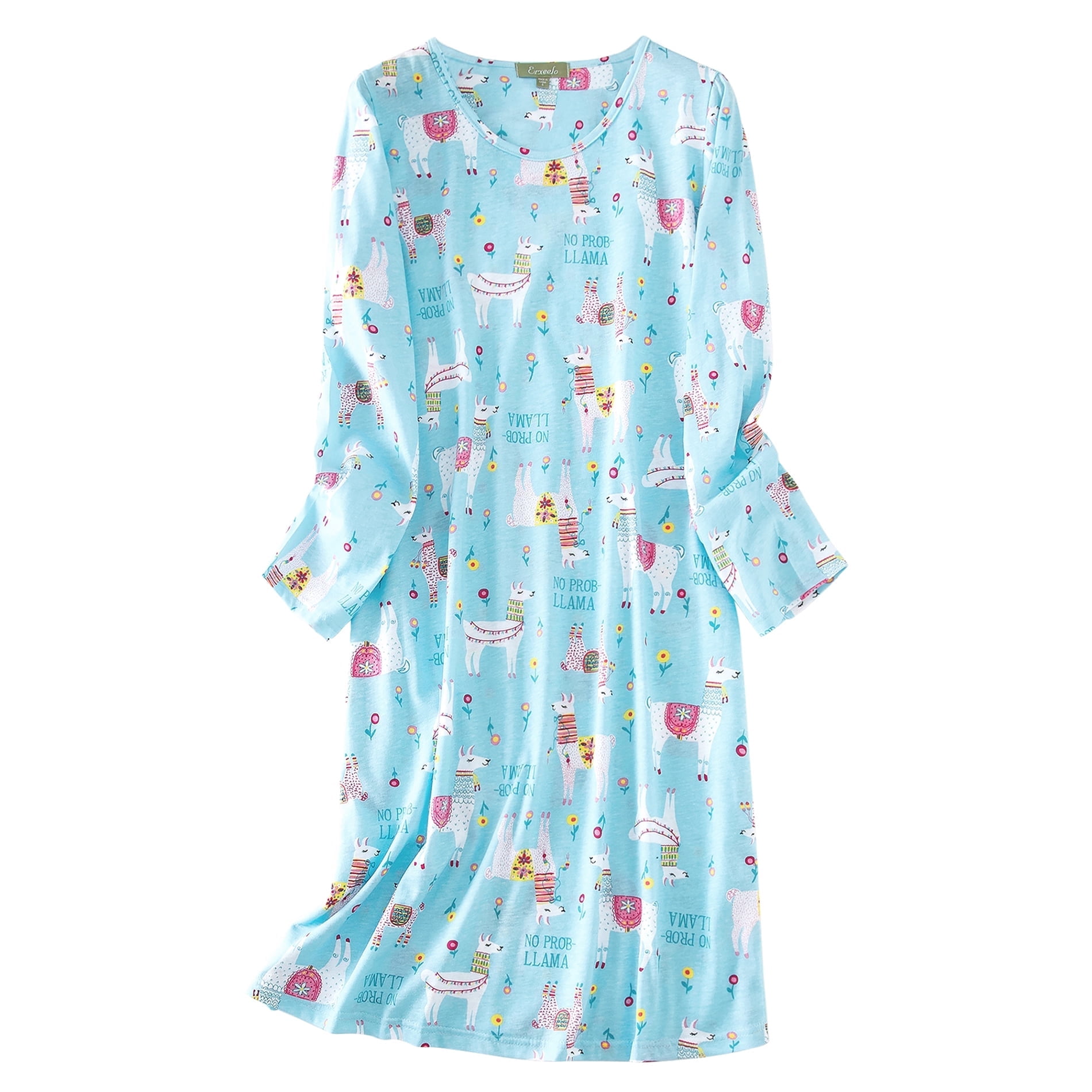 American Trends Long Sleeves Nightgowns for Women Soft Cotton Night Shirts for Ladies Sleepwear Womens Plus Size Pajama Dress Blue Alpaca S