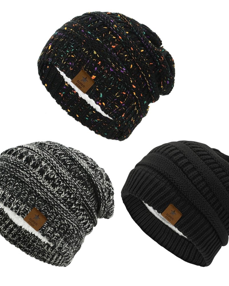 American Trends Womens Knit Beanie Winter Thick Solid Fleece Lined Beanie Hats for Women Men Unisex Warm Skiing Beanies Black & Black Mix & Black Grey Mixed