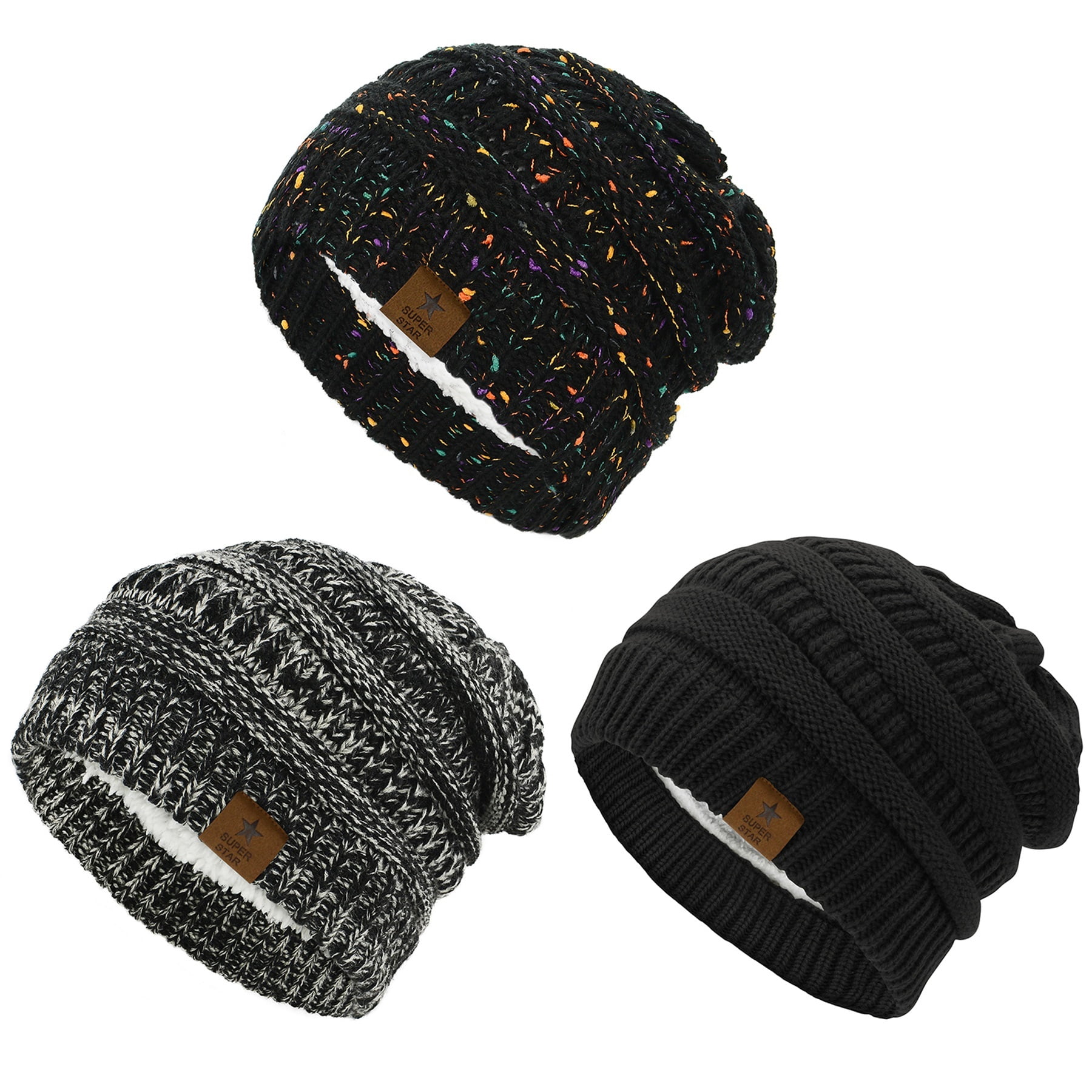 American Trends Womens Knit Beanie Winter Thick Solid Fleece Lined Beanie Hats for Women Men Unisex Warm Skiing Beanies Black & Black Mix & Black Grey Mixed