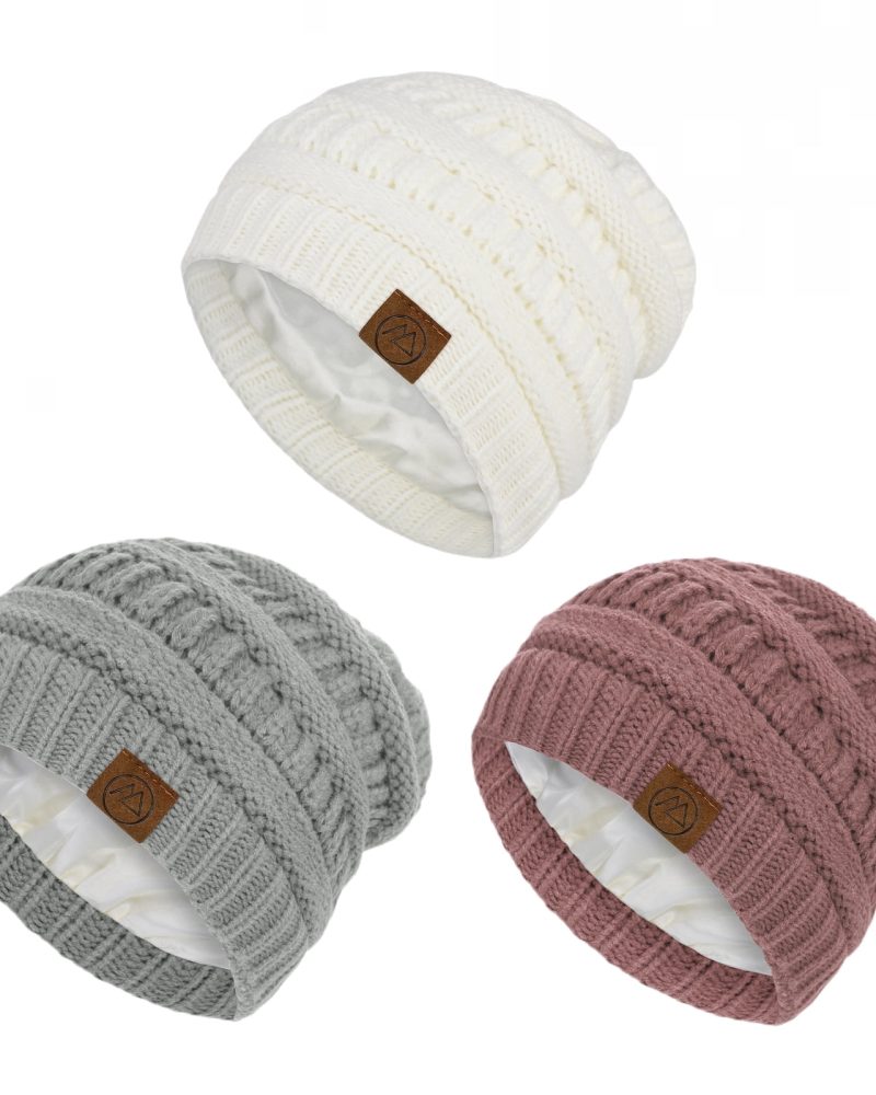 American Trends Womens Beanies Warm Winter Hats for Women Slouchy Unisex Beanies Soft Knit Hats White & Light Grey & Skin Pink