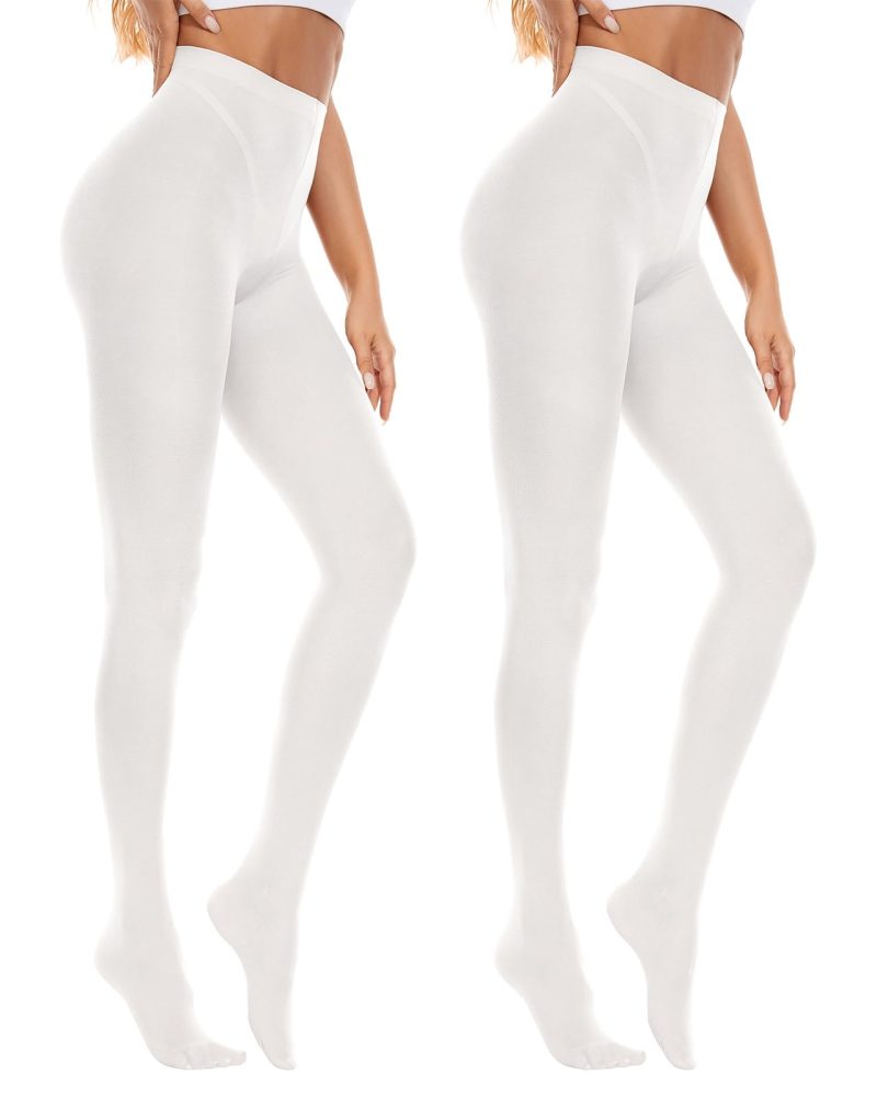 American Trends Women High Waisted Tights Soft Opaque Tights for Women Nylons for Women Control Top Run Resistant Stocking 80s Dance Tights Pantyhose 2 Pack White