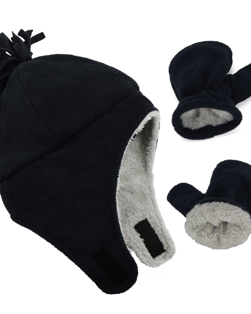 American Trends Baby Toddler Winter Hat and Glove Set Sherpa Lined Warm Fleece Earflap Beanie Hat Toddler Kids Winter Hat for Boys Girls Solid Black 2-4T