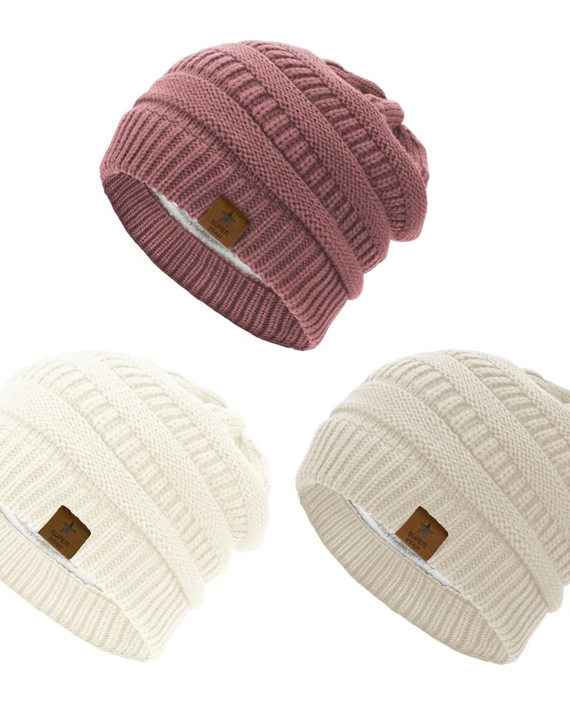 American Trends Womens Knit Beanie Winter Thick Solid Fleece Lined Beanie Hats for Women Men Unisex Warm Skiing Beanies Ivory White & Beige & Pink