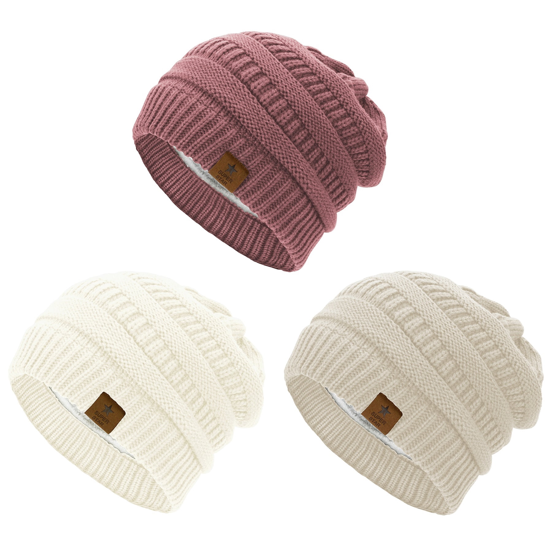 American Trends Womens Knit Beanie Winter Thick Solid Fleece Lined Beanie Hats for Women Men Unisex Warm Skiing Beanies Ivory White & Beige & Pink