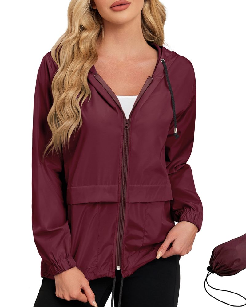 American Trends Women Waterproof Rain Jacket with Hood Packable Lightweight Windproof Raincoat with Pockets Outdoor Wine Red L