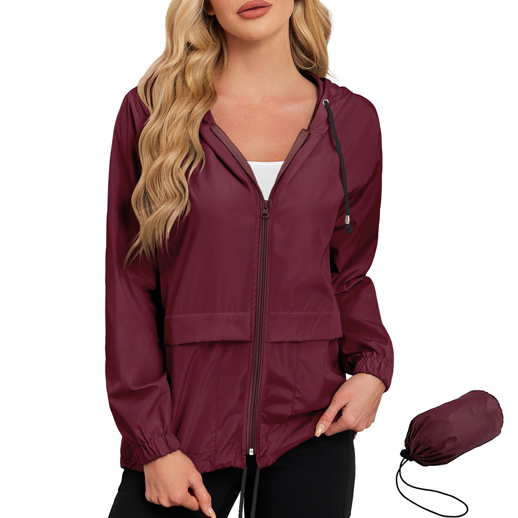 American Trends Women Waterproof Rain Jacket with Hood Packable Lightweight Windproof Raincoat with Pockets Outdoor Wine Red L