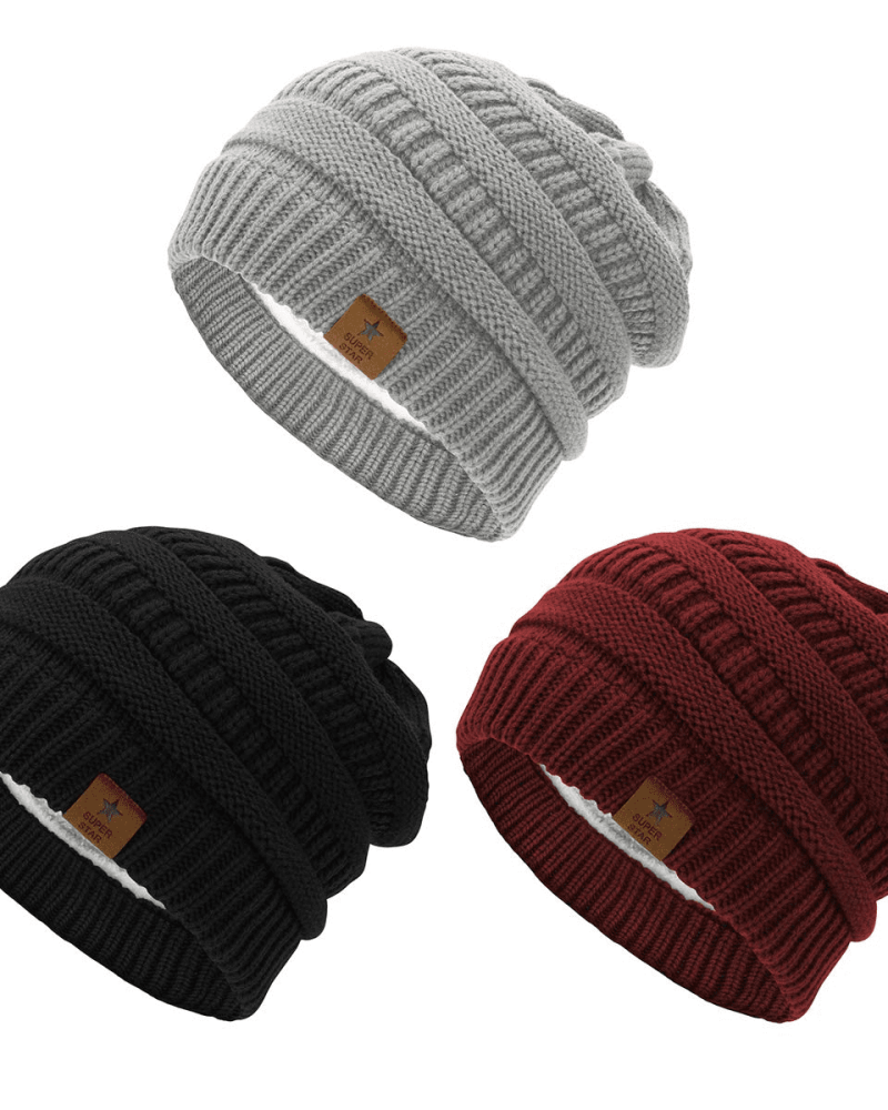 American Trends Womens Knit Beanie Winter Thick Solid Fleece Lined Beanie Hats for Women Men Unisex Warm Skiing Beanies Black & Light Grey & Burgundy