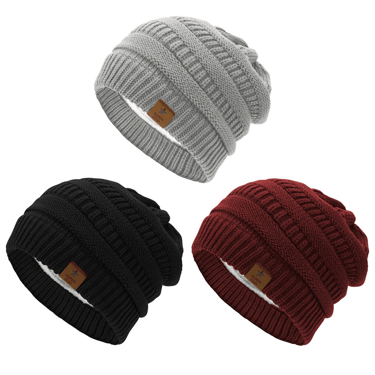 American Trends Womens Knit Beanie Winter Thick Solid Fleece Lined Beanie Hats for Women Men Unisex Warm Skiing Beanies Black & Light Grey & Burgundy