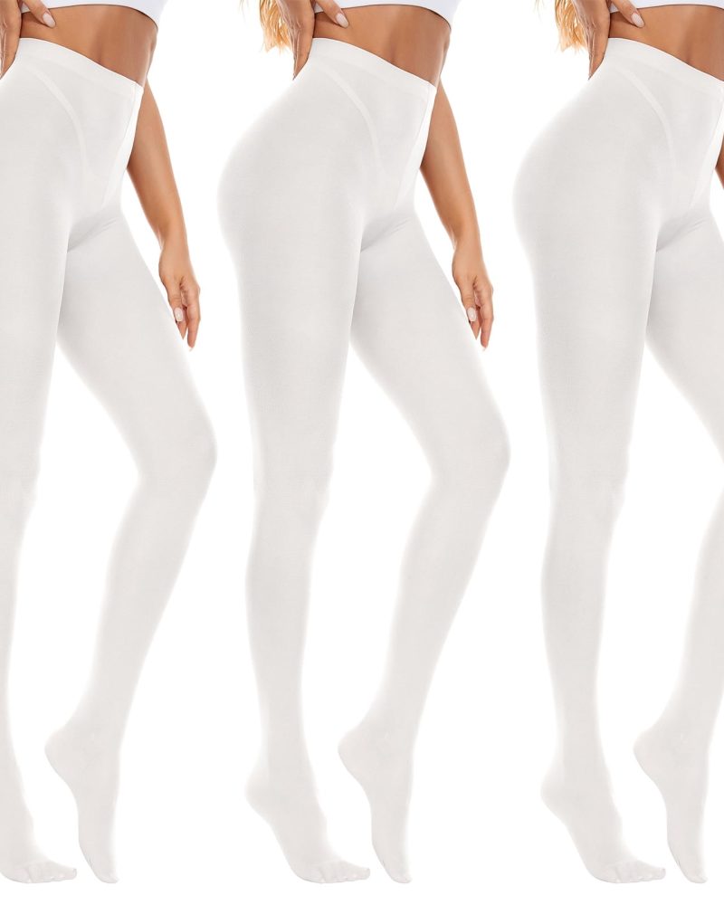 American Trends Women High Waisted Tights Soft Opaque Tights for Women Nylons for Women Control Top Run Resistant Stocking 80s Dance Tights Pantyhose 3 Pack White