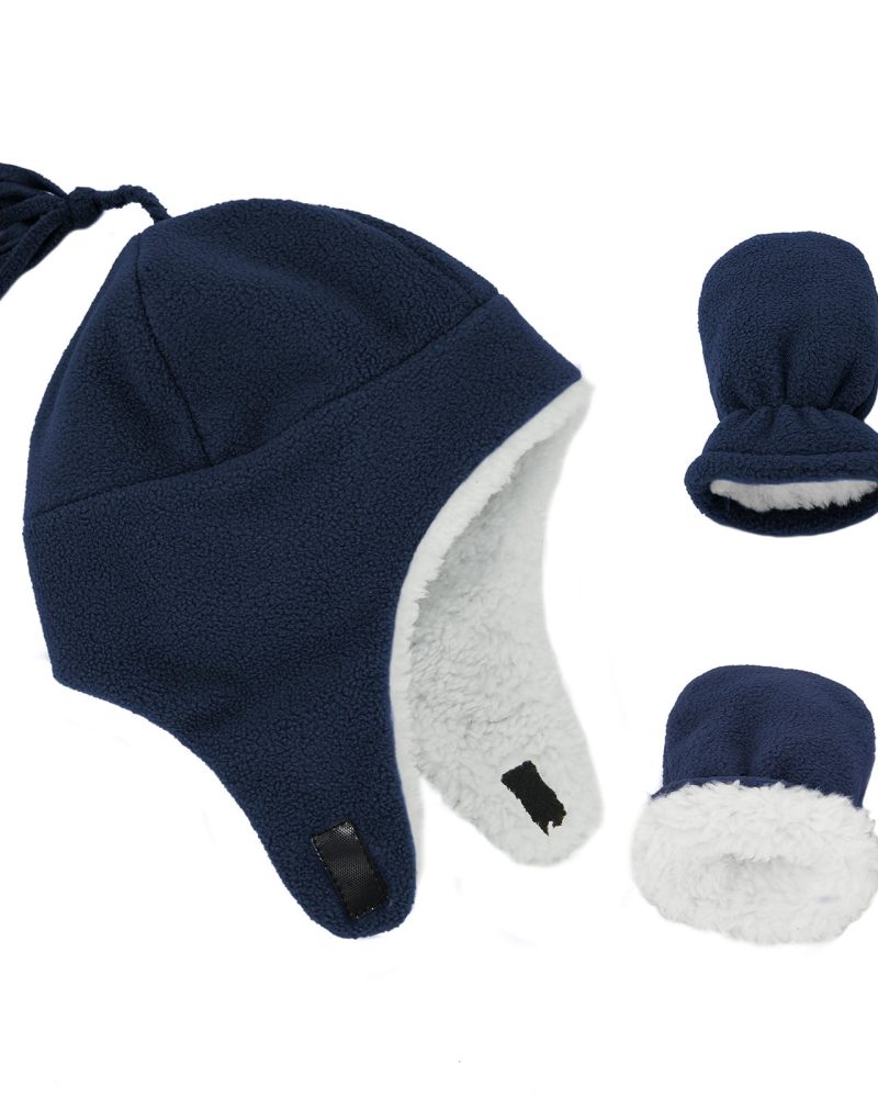 American Trends Baby Boy Winter Hat and Mitten Set Baby Girl Hats Toddler Winter Hat Sherpa Lined Fleece Earflap Beanie for Girls Boys Navy Blue S